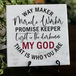 a sign that says, way maker, married worker, promise keeper, right in