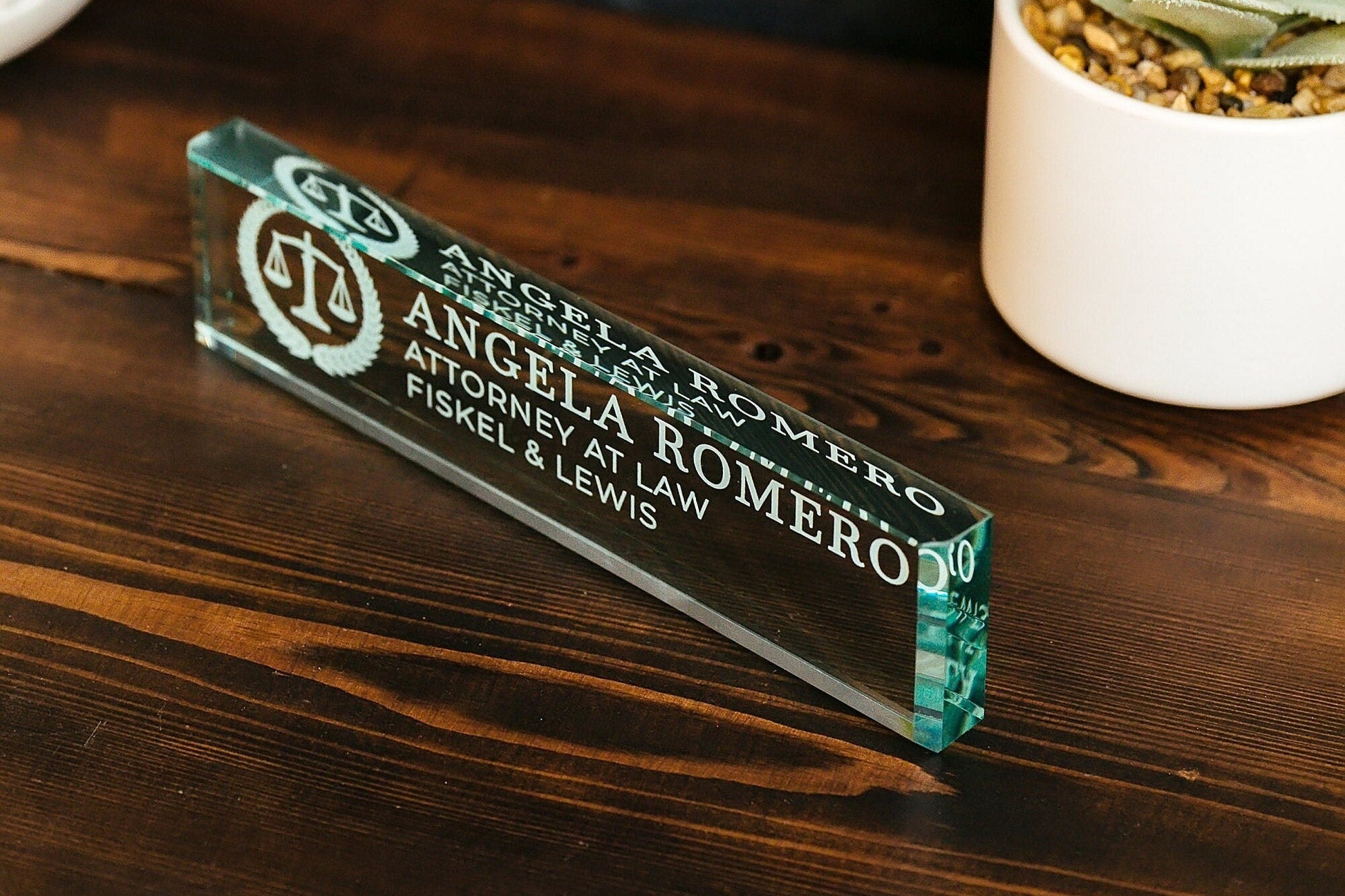 Attorney Glass Office Desk Name Plate, Clear JD Judge Nameplate, Lawyer Appreciation Gift, Juris Doctor Law School Graduation