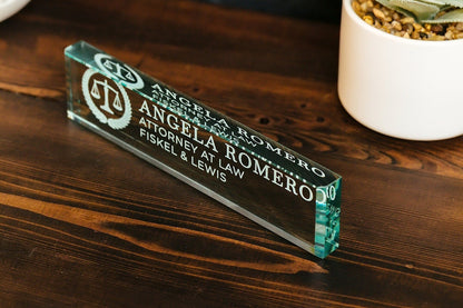 Attorney Glass Office Desk Name Plate, Clear JD Judge Nameplate, Lawyer Appreciation Gift, Juris Doctor Law School Graduation