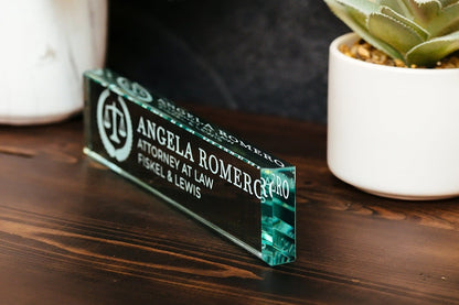 Attorney Glass Office Desk Name Plate, Clear Crystal JD Judge Nameplate, Lawyer Appreciation Gift, Juris Doctor Law School Graduation