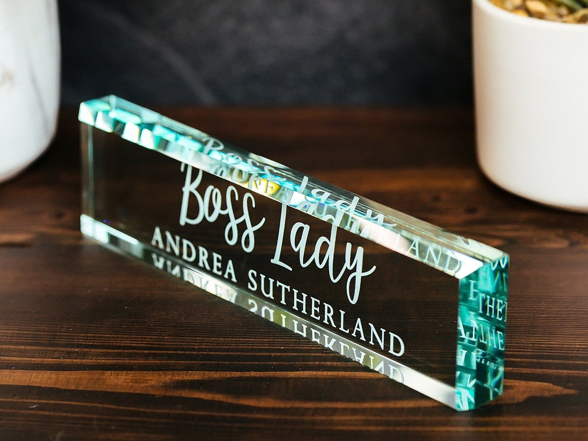 Boss Lady Glass Office Desk Name Plate, Best Employer Ever Nameplate, Girlboss CEO Appreciation Gift, Entrepreneur Day Gift From Employees