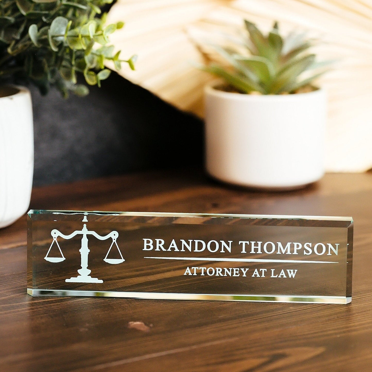 Attorney Glass Office Desk Name Plate, Clear JD Judge Nameplate, Lawyer Appreciation Gift, Juris Doctor Law School Graduation