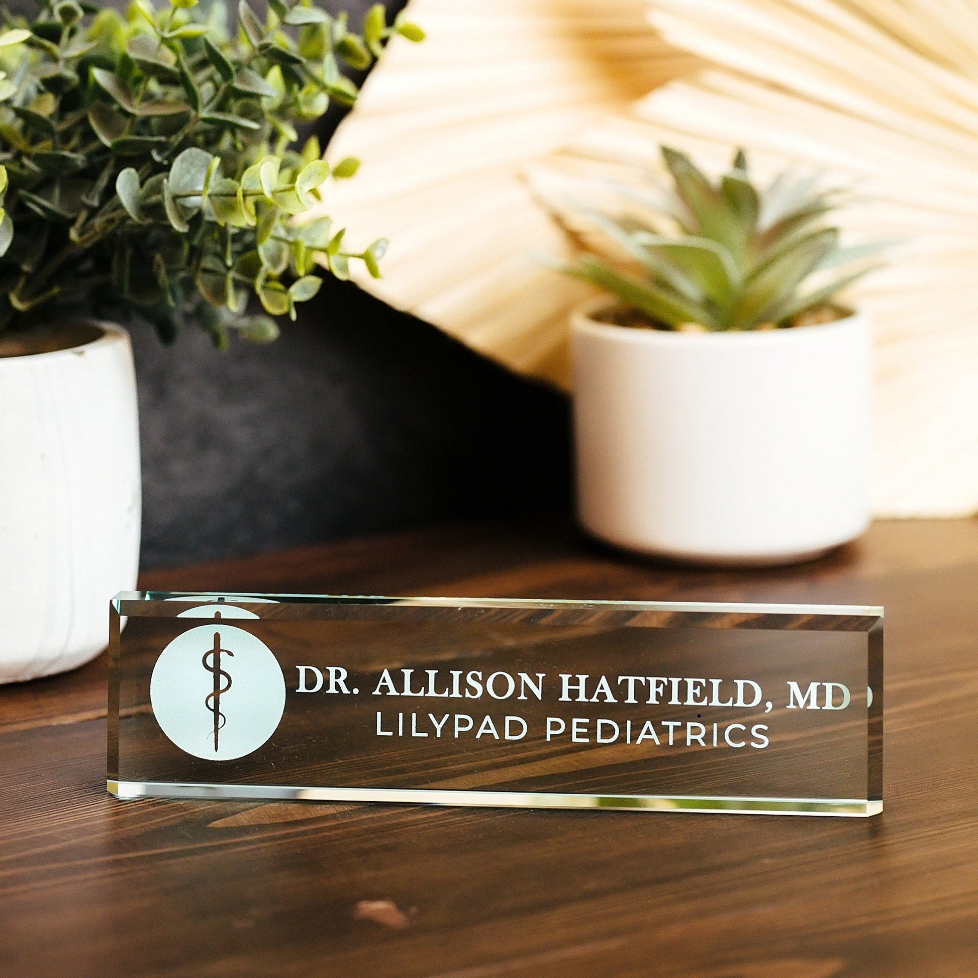 Physician MD Doctor Glass Office Desk Name Plate, Clear PA Surgeon Nameplate, Medical Practitioner Appreciation Gift, Med School Graduation