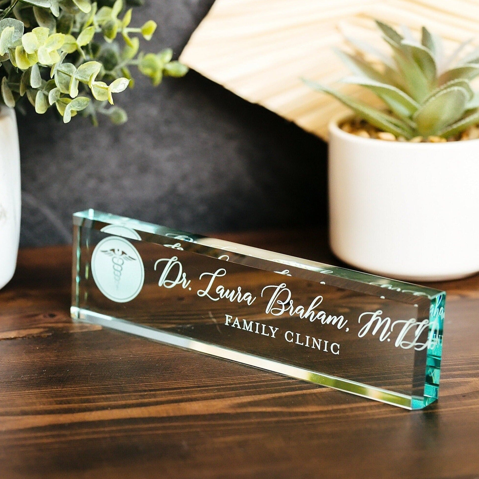 Physician MD Doctor Glass Office Desk Name Plate, Clear PA Surgeon Nameplate, Medical Practitioner Appreciation Gift, Med School Graduation