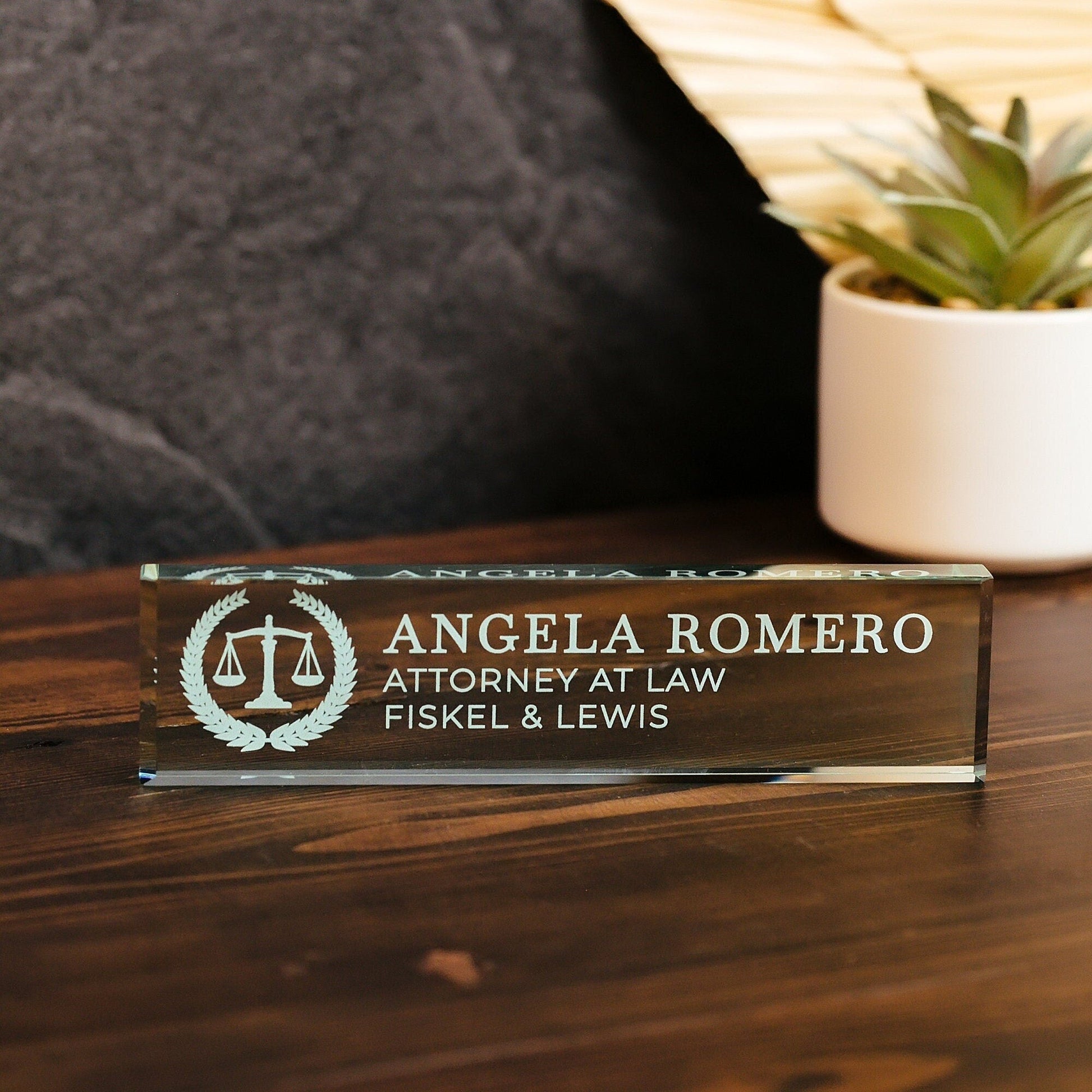 Attorney Glass Office Desk Name Plate, Clear JD Judge Nameplate, Lawyer Appreciation Gift, Juris Doctor Law School Graduation