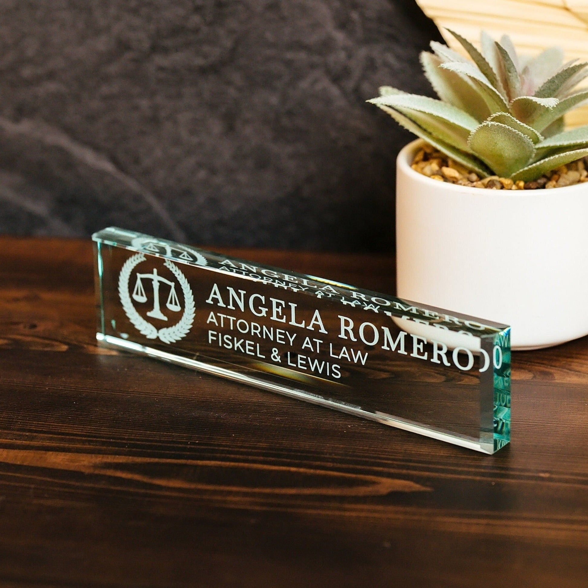 Attorney Glass Office Desk Name Plate, Clear JD Judge Nameplate, Lawyer Appreciation Gift, Juris Doctor Law School Graduation