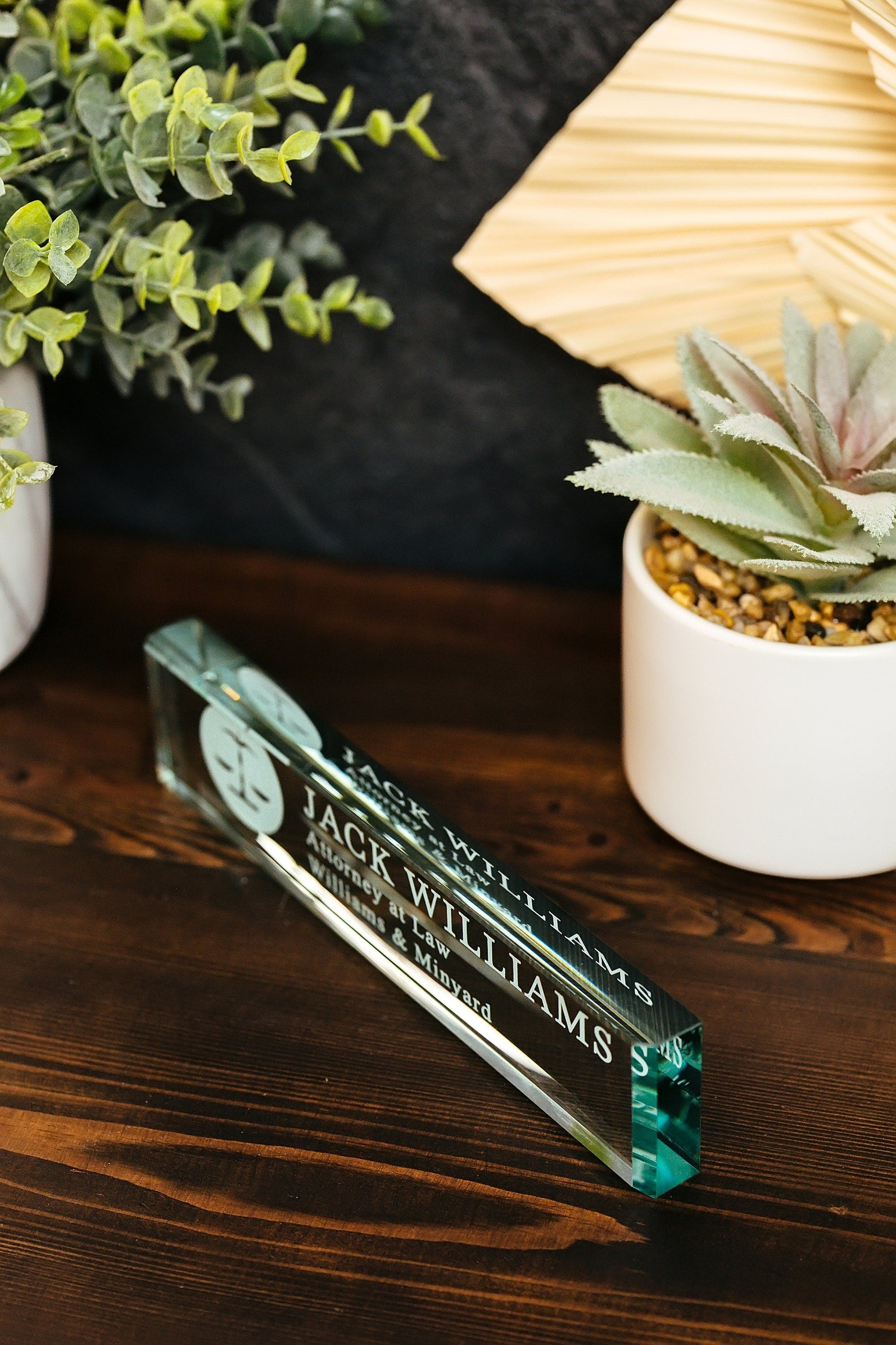 Attorney Glass Office Desk Name Plate, Clear JD Judge Nameplate, Lawyer Appreciation Gift, Juris Doctor Law School Graduation