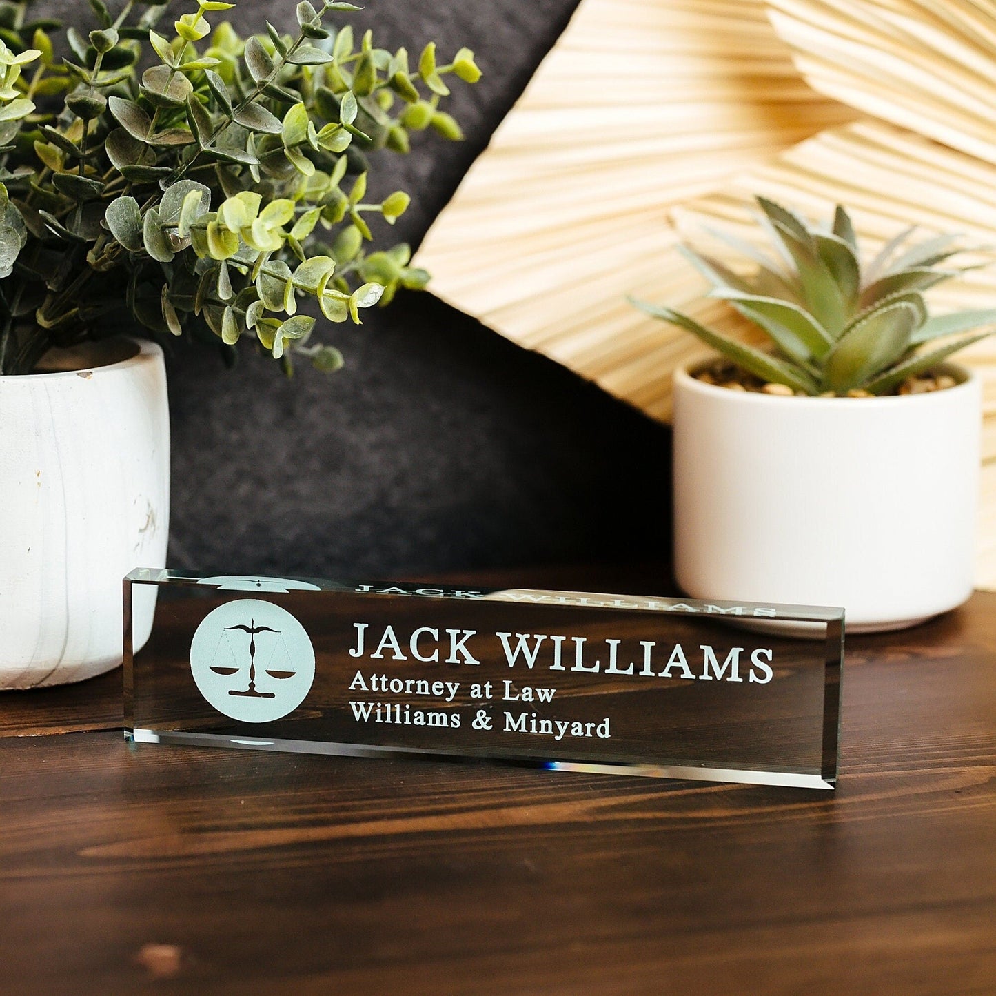 Attorney Glass Office Desk Name Plate, Clear JD Judge Nameplate, Lawyer Appreciation Gift, Juris Doctor Law School Graduation