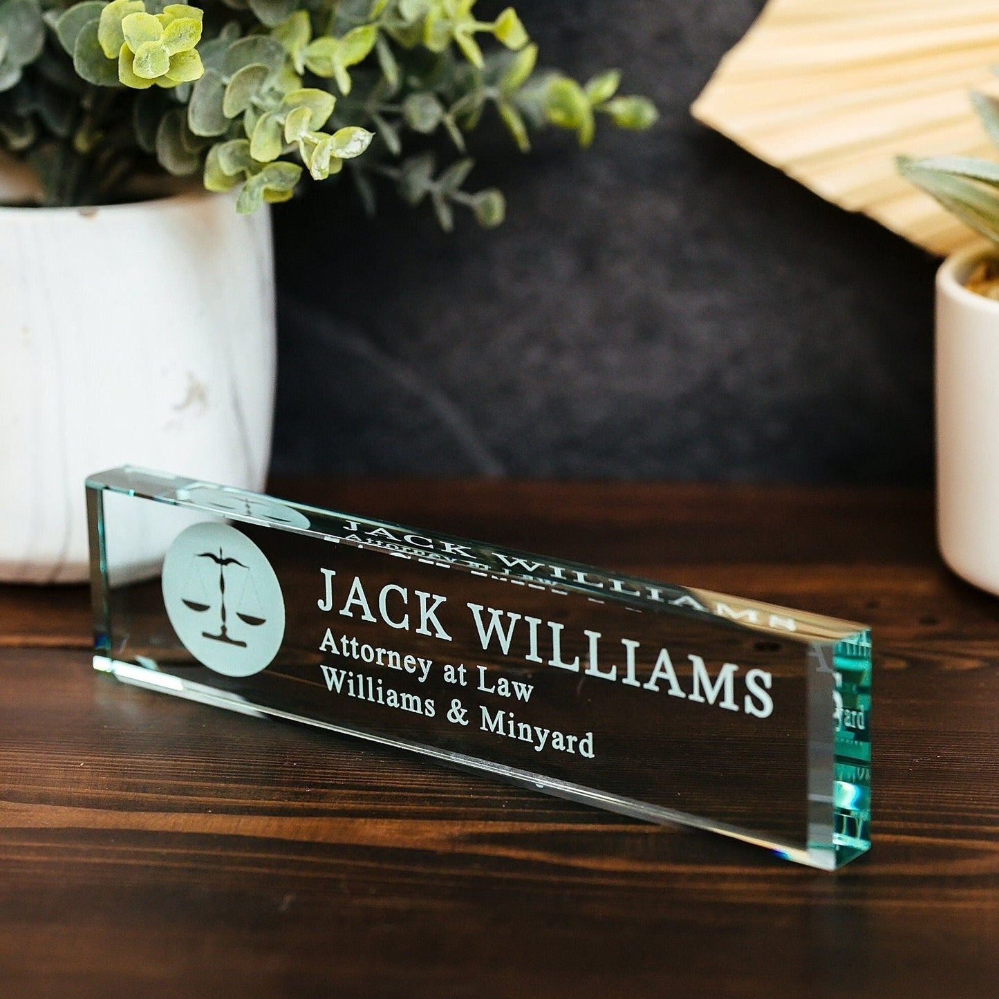 Attorney Glass Office Desk Name Plate, Clear JD Judge Nameplate, Lawyer Appreciation Gift, Juris Doctor Law School Graduation