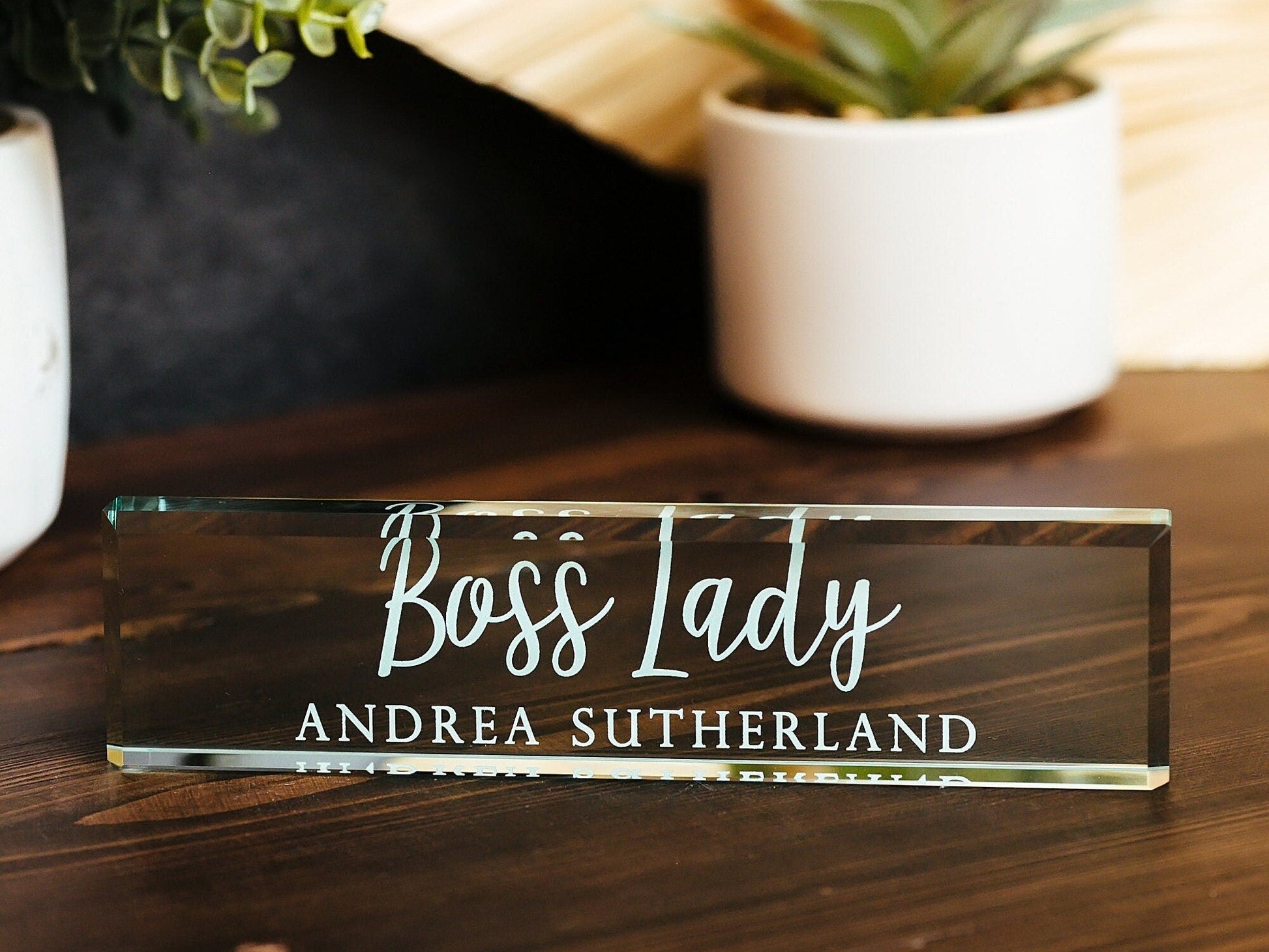 Boss Lady Glass Office Desk Name Plate, Best Employer Ever Nameplate, Girlboss CEO Appreciation Gift, Entrepreneur Day Gift From Employees