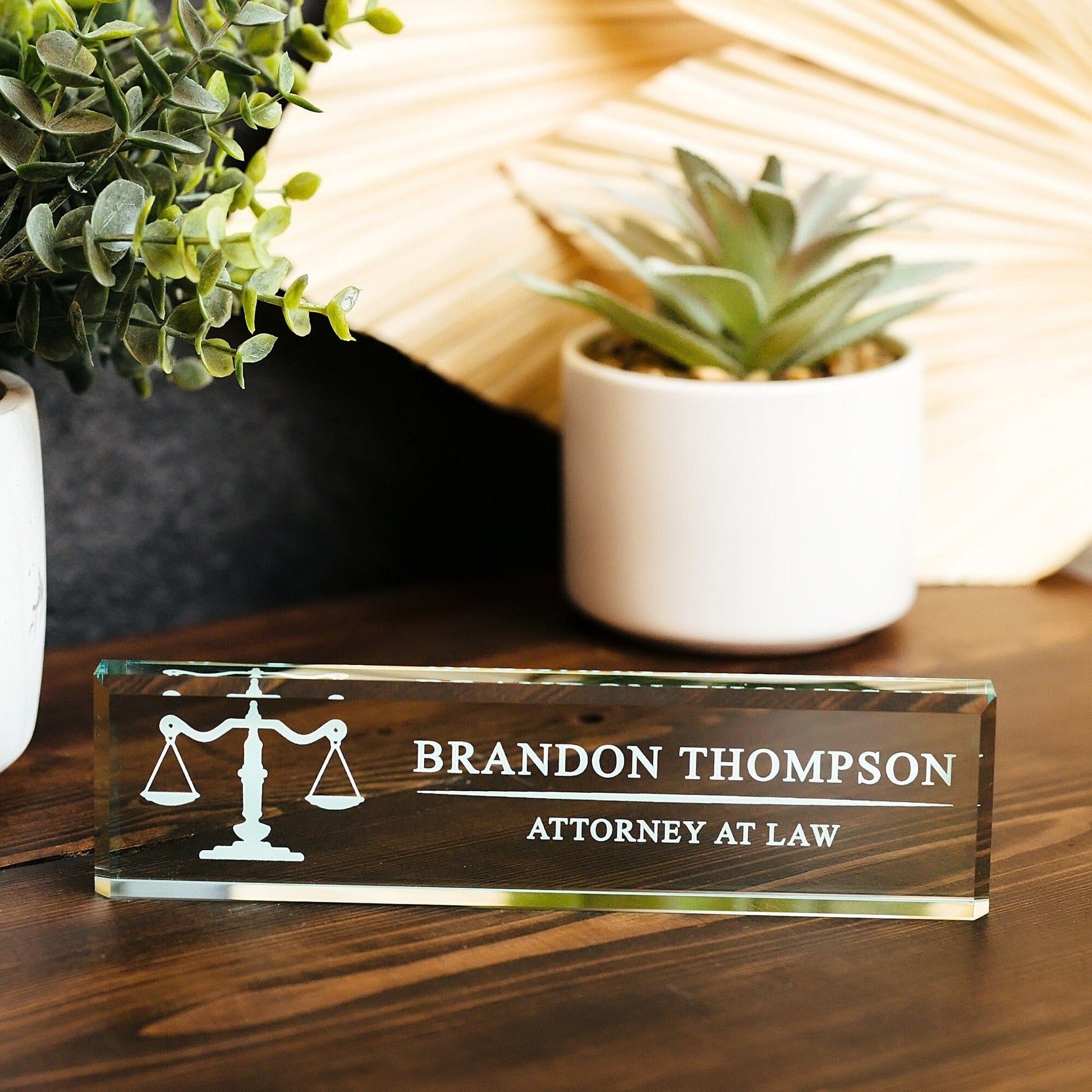 Attorney Glass Office Desk Name Plate, Clear JD Judge Nameplate, Lawyer Appreciation Gift, Juris Doctor Law School Graduation