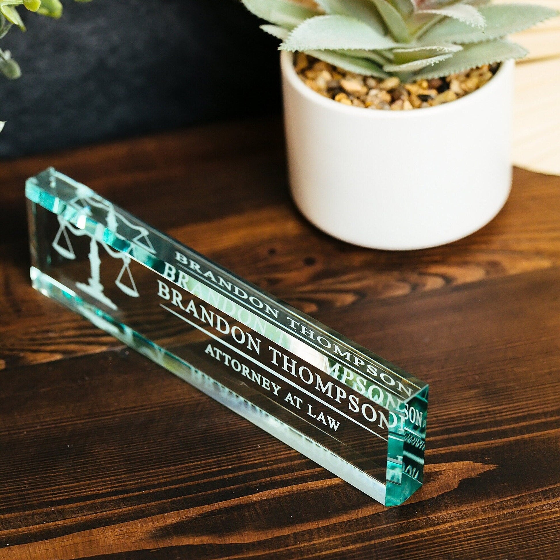 Attorney Glass Office Desk Name Plate, Clear JD Judge Nameplate, Lawyer Appreciation Gift, Juris Doctor Law School Graduation