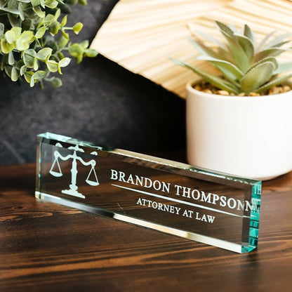 Attorney Glass Office Desk Name Plate, Clear JD Judge Nameplate, Lawyer Appreciation Gift, Juris Doctor Law School Graduation