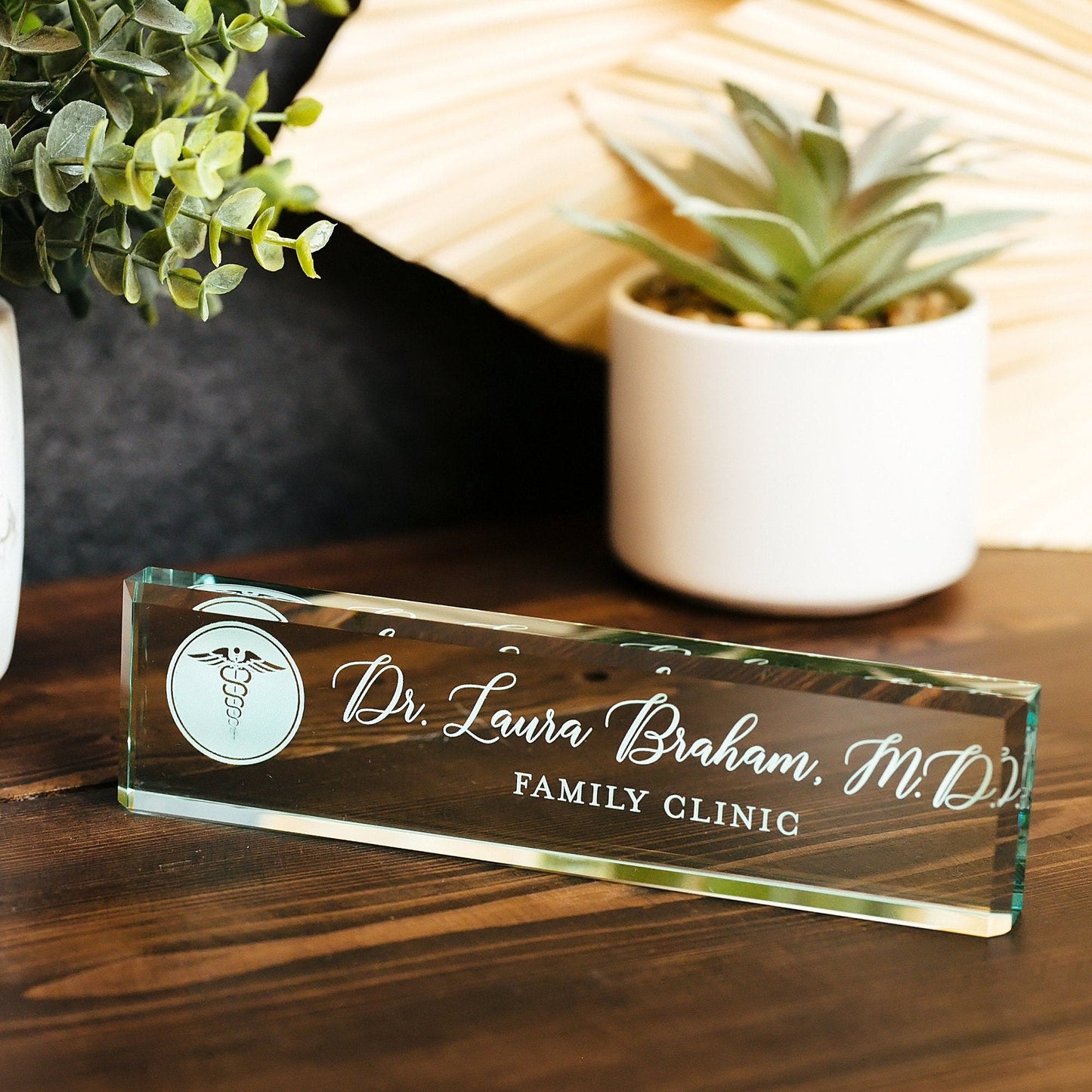 Physician MD Doctor Glass Office Desk Name Plate, Clear PA Surgeon Nameplate, Medical Practitioner Appreciation Gift, Med School Graduation