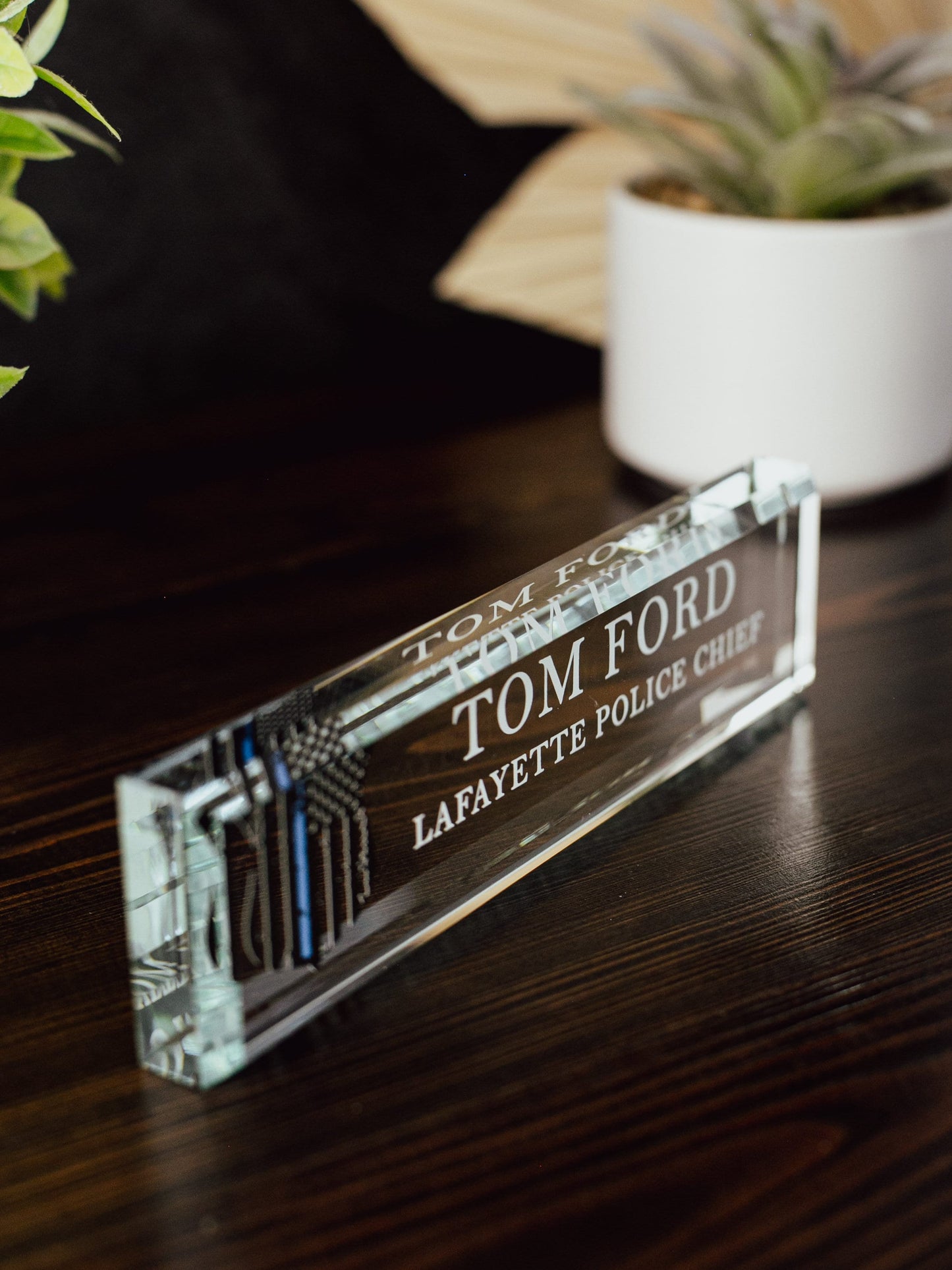 Police Officer Glass Office Desk Name Plate, Clear Chief of Police Nameplate, Detective Appreciation Gift, Police Academy Graduation