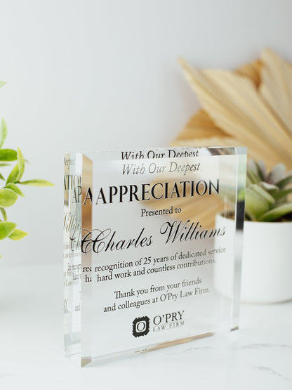 Custom Appreciation Award Crystal Glass Plaque, for Employee Recognition, Staff And Top Performers, Best CEO Trophy, Retirement Gift Plaque