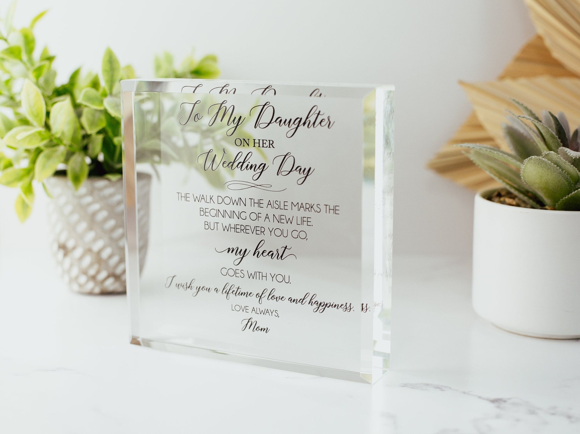 Wedding Day Crystal Glass Plaque, for Daughter, Daughter-in-Law, Love Always Mom, From Mom on Your Special Day, To Our Daughter From Dad