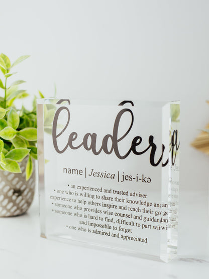 Leader Definition Crystal Glass Plaque, for Employee Recognition, CEO, Life Coach Trophy, Appreciation Gift Plaque, Present from Staff, Boss