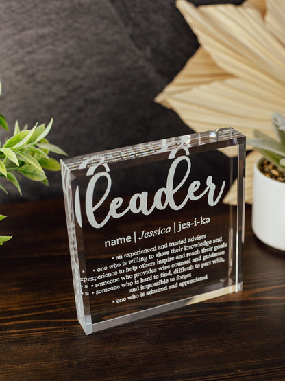 Leader Definition Crystal Glass Plaque, for Employee Recognition, CEO, Life Coach Trophy, Appreciation Gift Plaque, Present from Staff, Boss