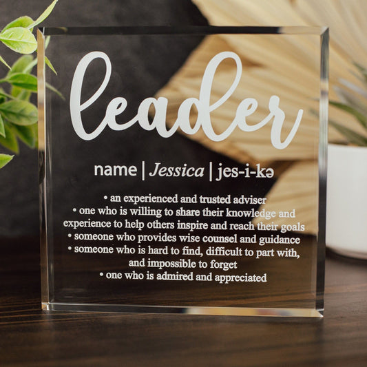 Leader Definition Crystal Glass Plaque, for Employee Recognition, CEO, Life Coach Trophy, Appreciation Gift Plaque, Present from Staff, Boss