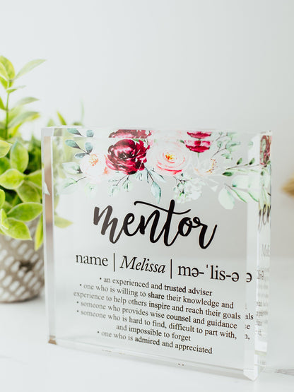 Floral Mentor Definition Crystal Glass Plaque, for Employee Recognition, Life Coach Trophy, Appreciation Gift Plaque, Present from Staff