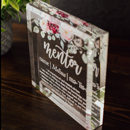 Floral Mentor Definition Crystal Glass Plaque, for Employee Recognition, Life Coach Trophy, Appreciation Gift Plaque, Present from Staff