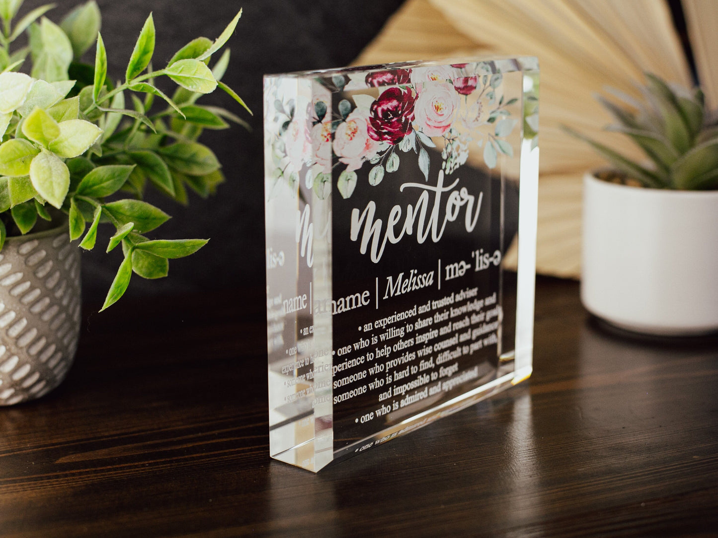 Floral Mentor Definition Crystal Glass Plaque, for Employee Recognition, Life Coach Trophy, Appreciation Gift Plaque, Present from Staff