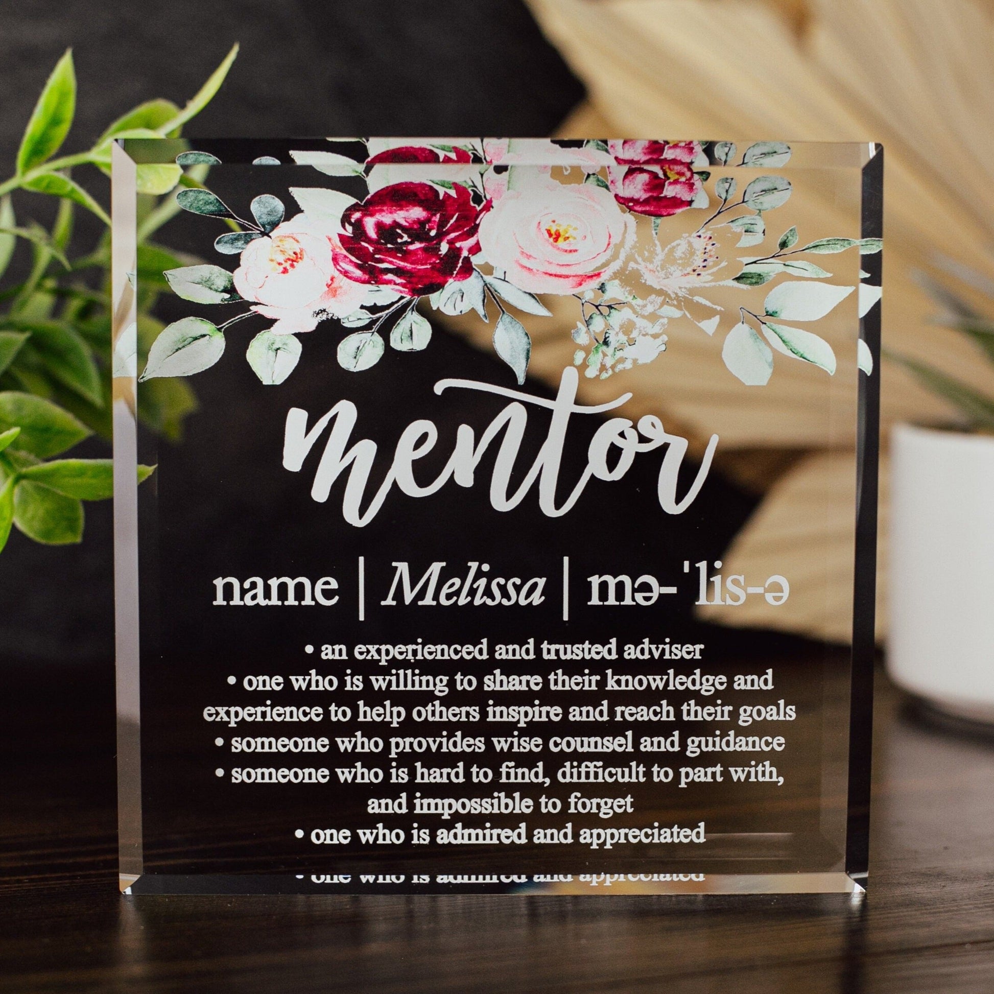 Floral Mentor Definition Crystal Glass Plaque, for Employee Recognition, Life Coach Trophy, Appreciation Gift Plaque, Present from Staff