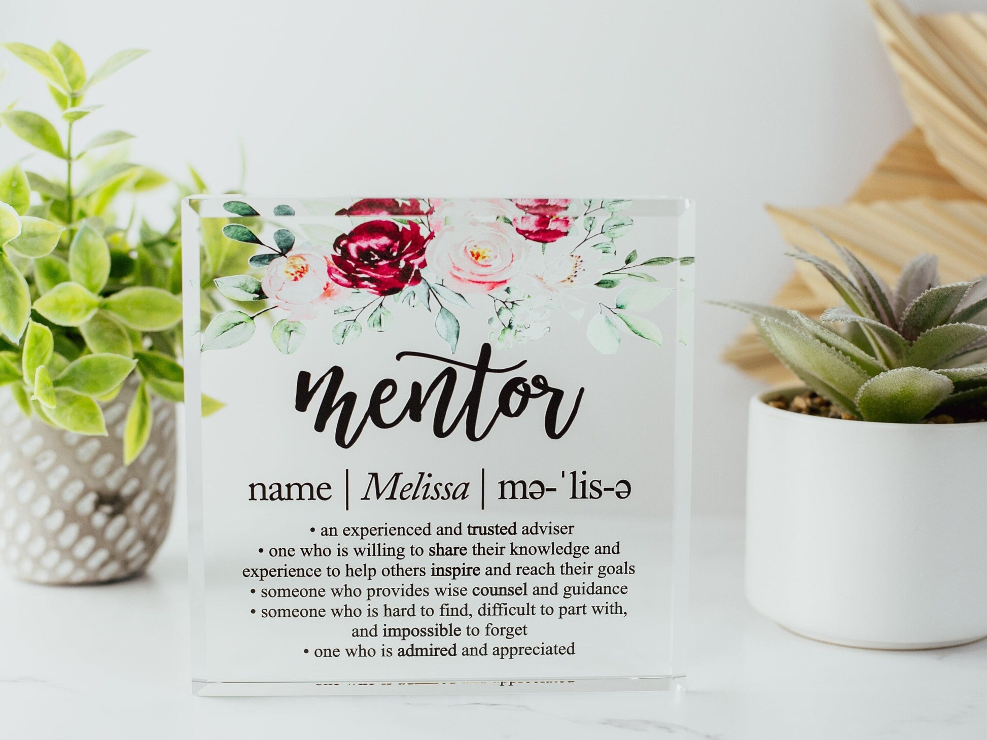 Floral Mentor Definition Crystal Glass Plaque, for Employee Recognition, Life Coach Trophy, Appreciation Gift Plaque, Present from Staff