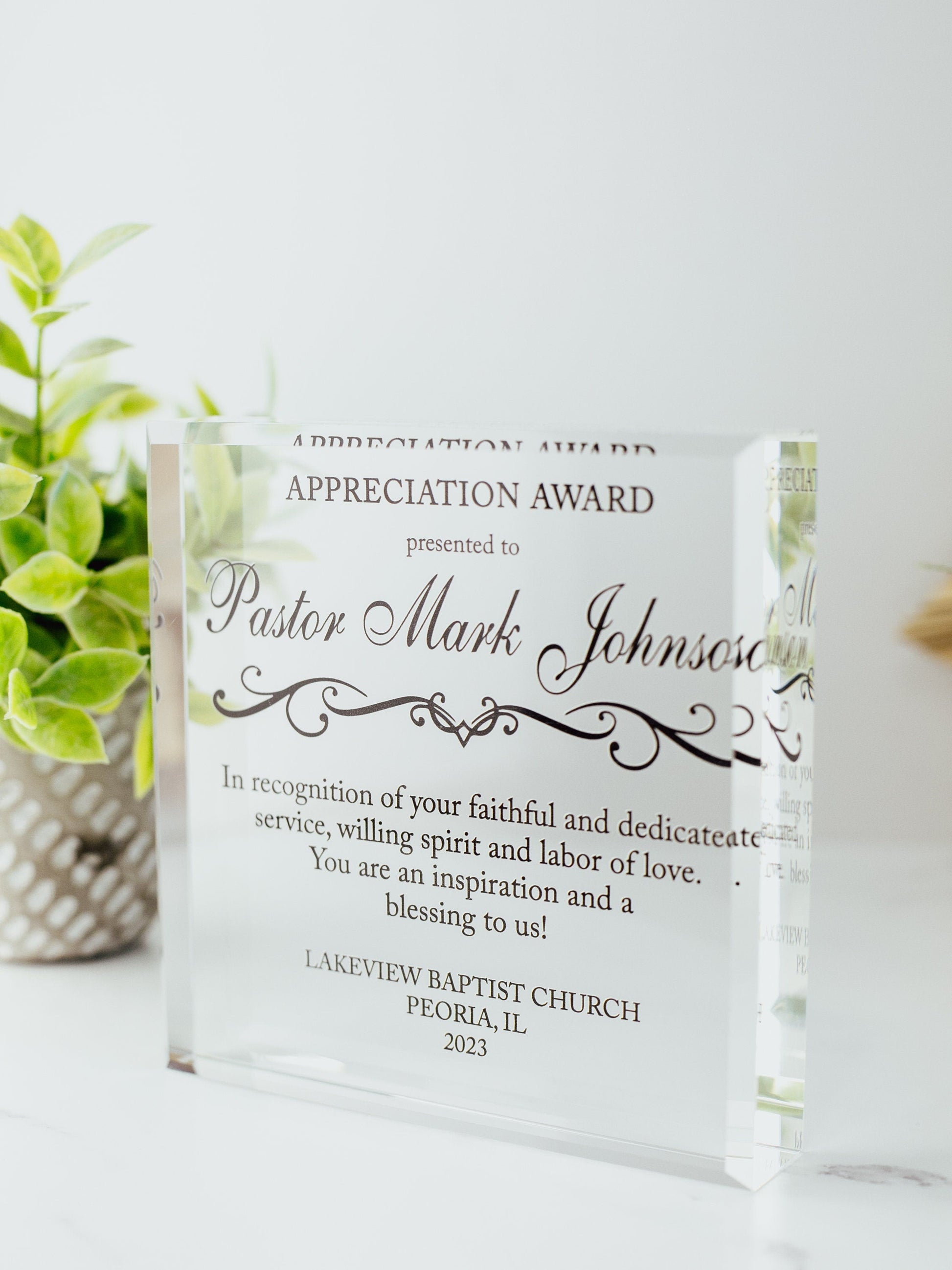 Pastor Appreciation Award Crystal Glass Plaque, for Employee Recognition, Pastoral Staff, Church Leader Trophy, Retirement Gift Plaque