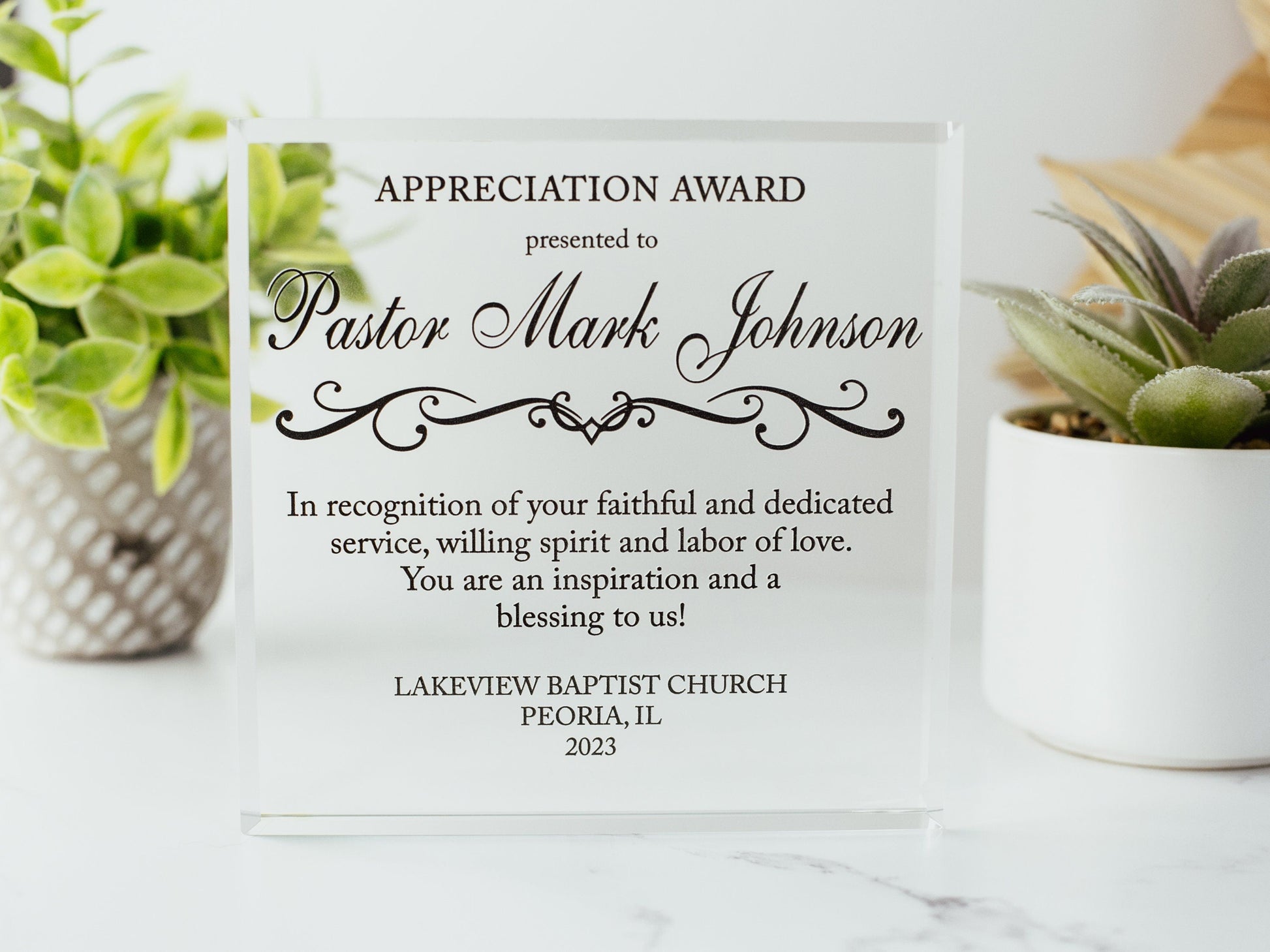 Pastor Appreciation Award Crystal Glass Plaque, for Employee Recognition, Pastoral Staff, Church Leader Trophy, Retirement Gift Plaque