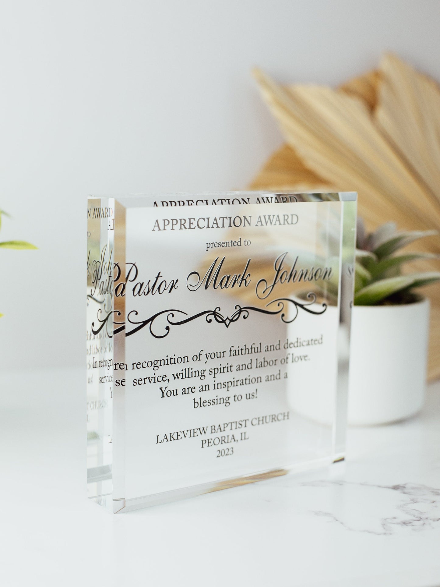 Pastor Appreciation Award Crystal Glass Plaque, for Employee Recognition, Pastoral Staff, Church Leader Trophy, Retirement Gift Plaque