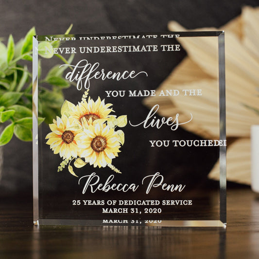 Sunflower Retirement Award Crystal Glass Plaque, Employee Recognition, Staff Present, The Difference You Made Trophy, Years Of Service Gift