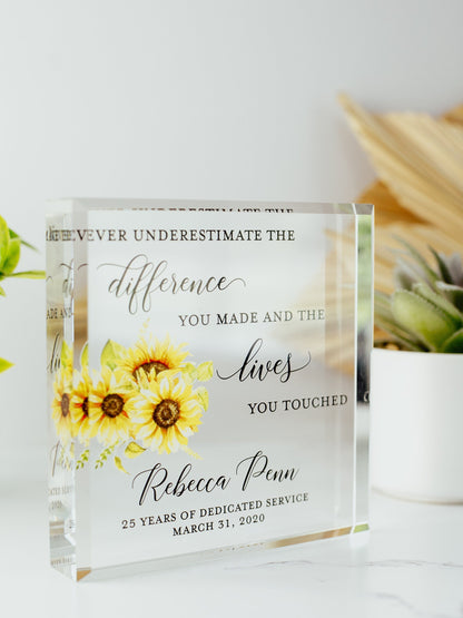 Sunflower Retirement Award Crystal Glass Plaque, Employee Recognition, Staff Present, The Difference You Made Trophy, Years Of Service Gift