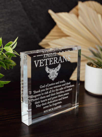 Veterans Appreciation Award Crystal Glass Plaque, Military Service Recognition, Retirement Plaque, Gift for Armed Forces, Years of Service