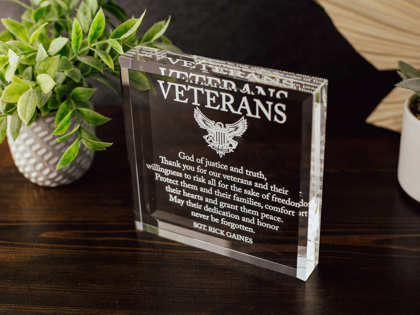 Veterans Appreciation Award Crystal Glass Plaque, Military Service Recognition, Retirement Plaque, Gift for Armed Forces, Years of Service