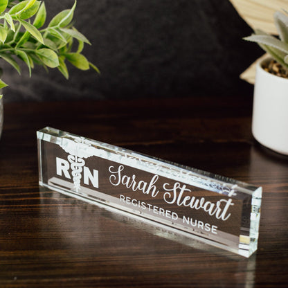 LPN, RN, Nurse Glass Office Desk Name Plate, Clear Personalized Nameplate, Medical Practitioner Appreciation Gift, Nursing School Graduation