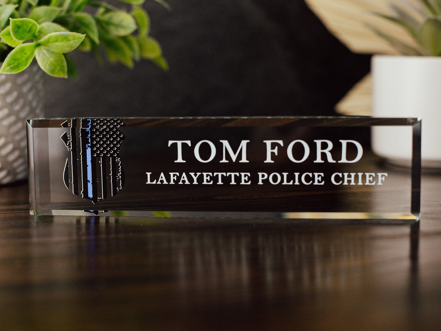 Police Officer Glass Office Desk Name Plate, Clear Chief of Police Nameplate, Detective Appreciation Gift, Police Academy Graduation