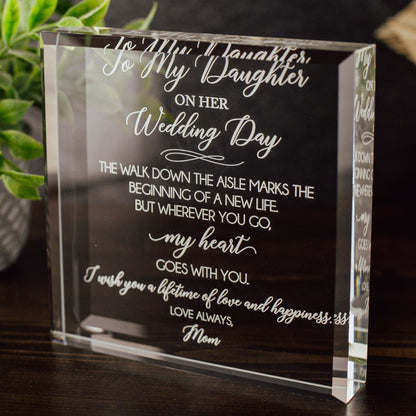 Wedding Day Crystal Glass Plaque, for Daughter, Daughter-in-Law, Love Always Mom, From Mom on Your Special Day, To Our Daughter From Dad