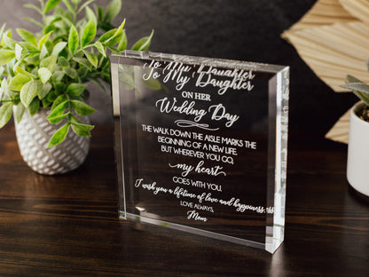 Wedding Day Crystal Glass Plaque, for Daughter, Daughter-in-Law, Love Always Mom, From Mom on Your Special Day, To Our Daughter From Dad