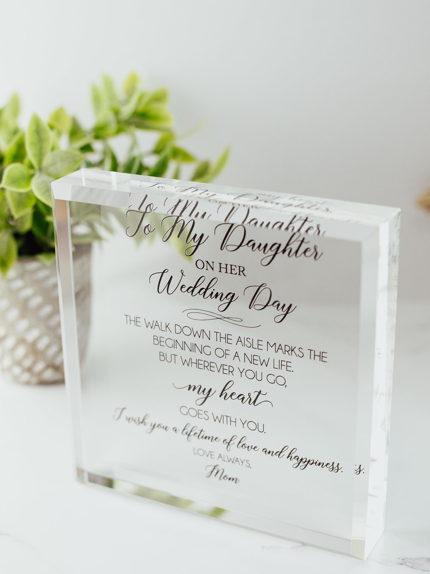 Wedding Day Crystal Glass Plaque, for Daughter, Daughter-in-Law, Love Always Mom, From Mom on Your Special Day, To Our Daughter From Dad