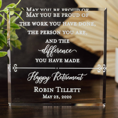 Happy Retirement Award Crystal Glass Plaque, for Employee Recognition, Staff Present, The Difference You Made Trophy, Years Of Service Gift