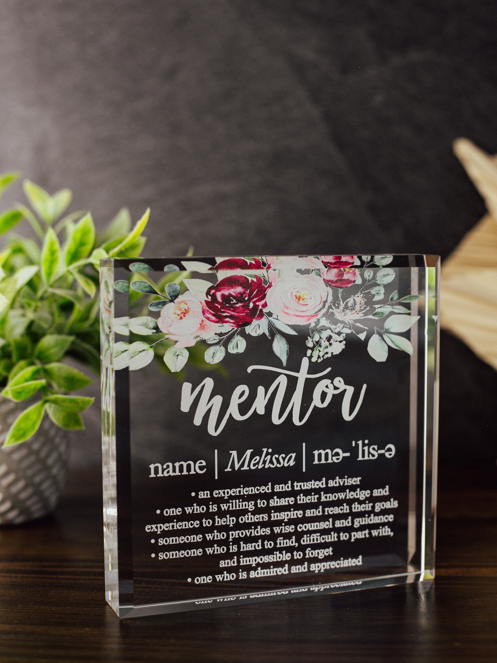 Floral Mentor Definition Crystal Glass Plaque, for Employee Recognition, Life Coach Trophy, Appreciation Gift Plaque, Present from Staff