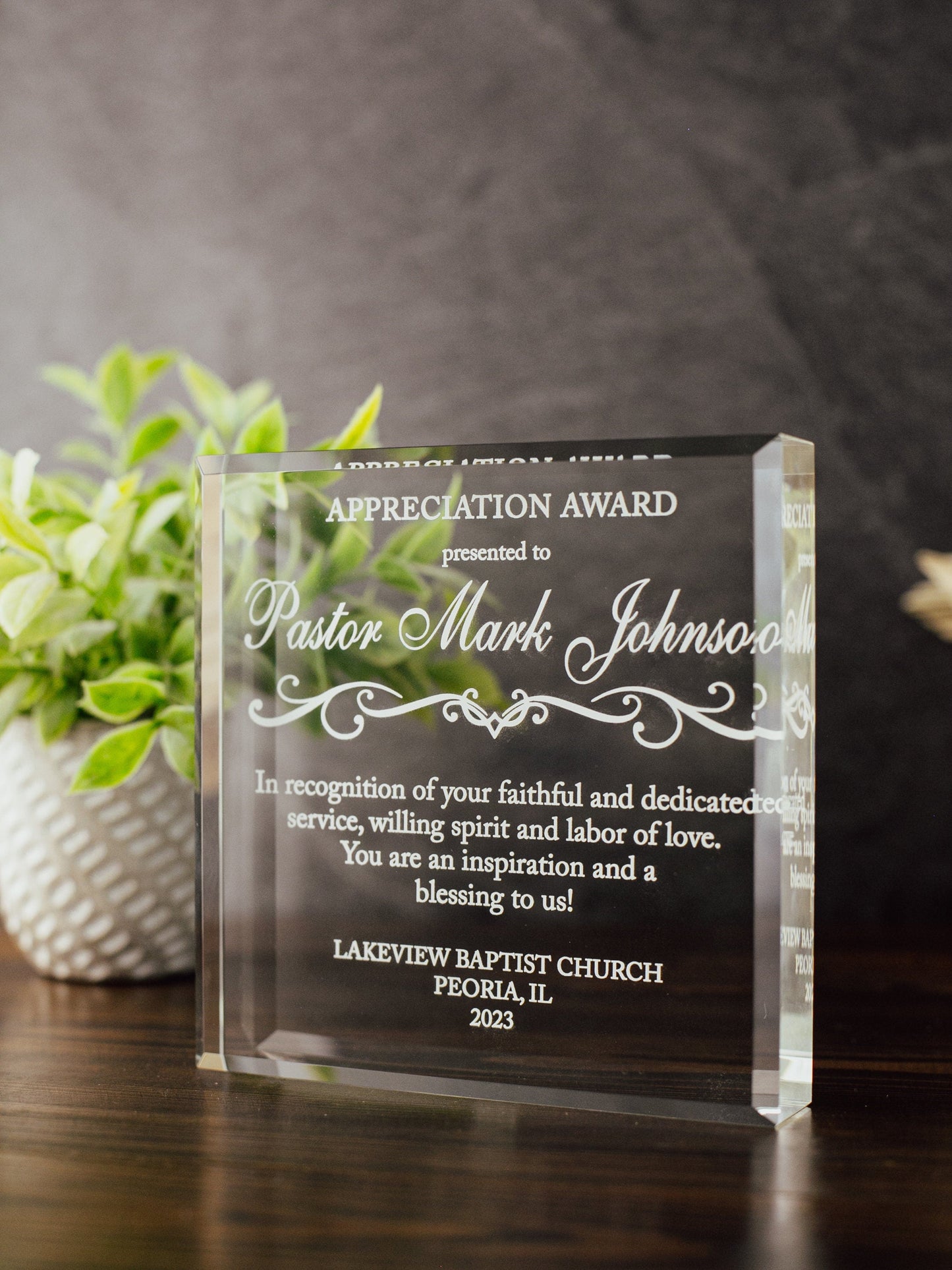 Pastor Appreciation Award Crystal Glass Plaque, for Employee Recognition, Pastoral Staff, Church Leader Trophy, Retirement Gift Plaque