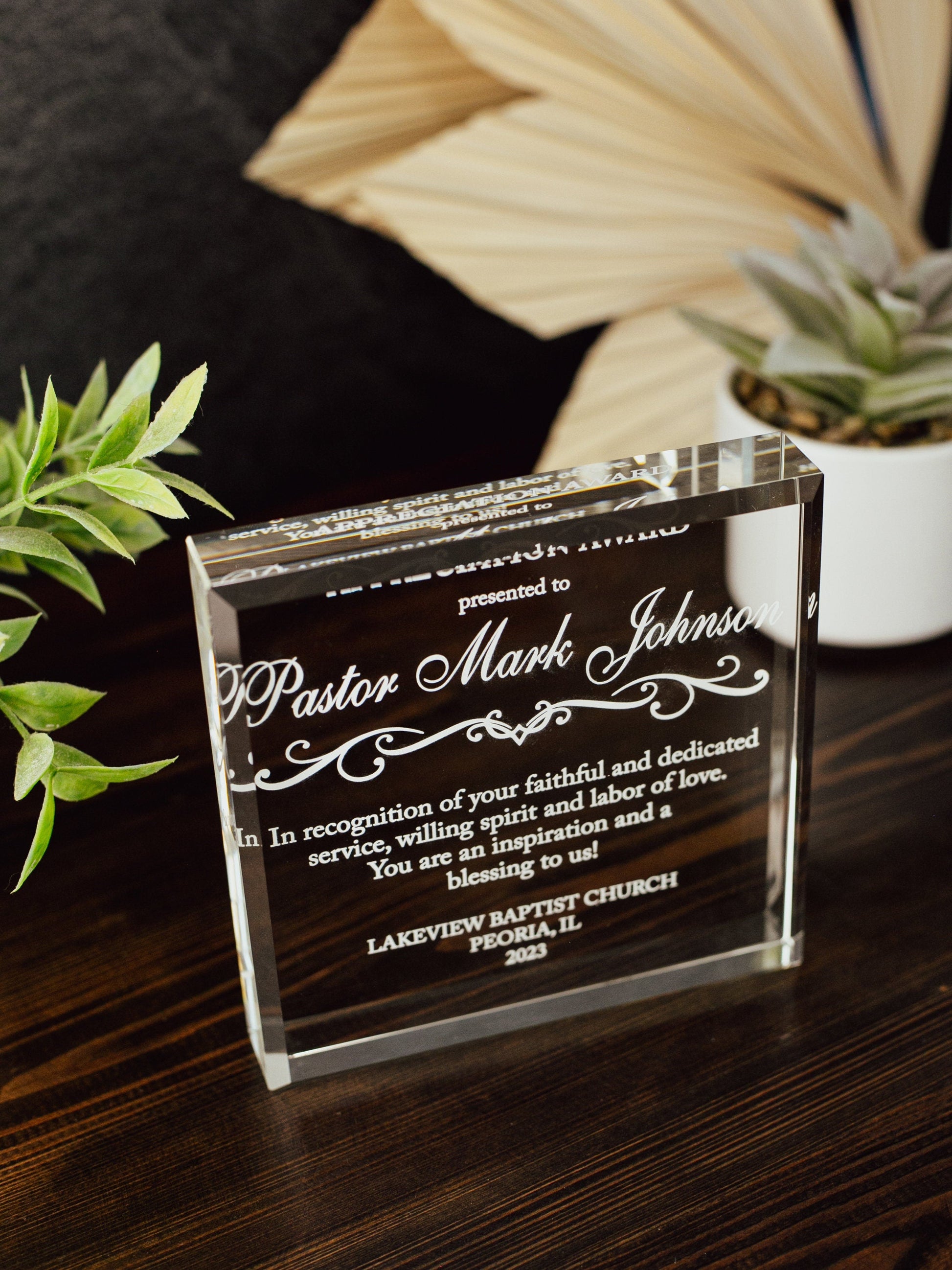 Pastor Appreciation Award Crystal Glass Plaque, for Employee Recognition, Pastoral Staff, Church Leader Trophy, Retirement Gift Plaque