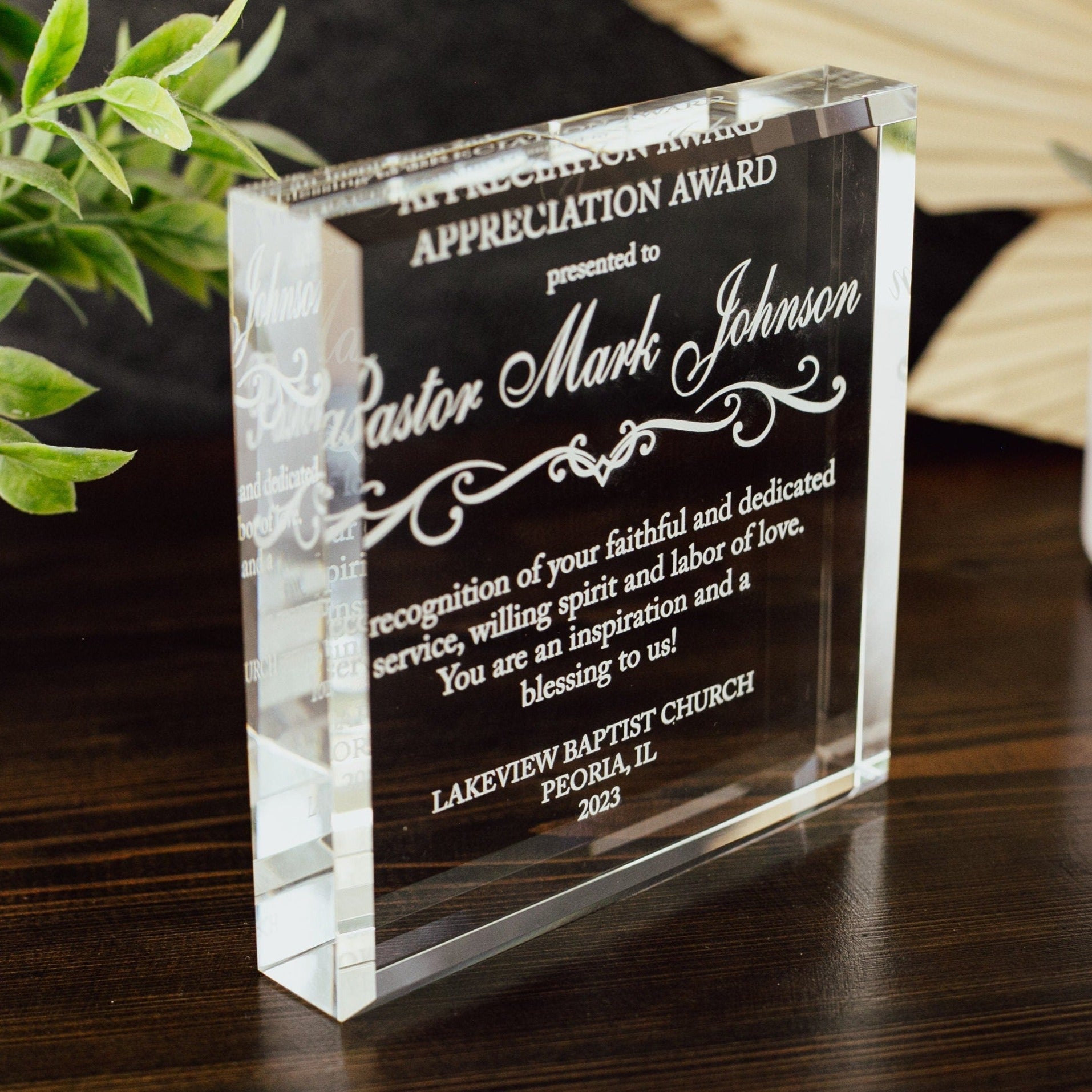 Pastor Appreciation Award Crystal Glass Plaque, for Employee Recognition, Pastoral Staff, Church Leader Trophy, Retirement Gift Plaque