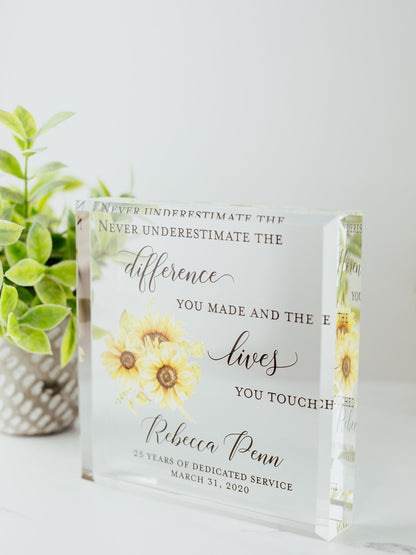 Sunflower Retirement Award Crystal Glass Plaque, Employee Recognition, Staff Present, The Difference You Made Trophy, Years Of Service Gift