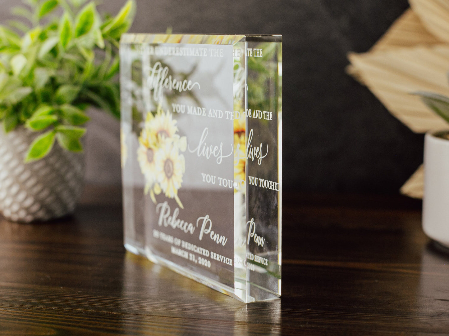 Sunflower Retirement Award Crystal Glass Plaque, Employee Recognition, Staff Present, The Difference You Made Trophy, Years Of Service Gift