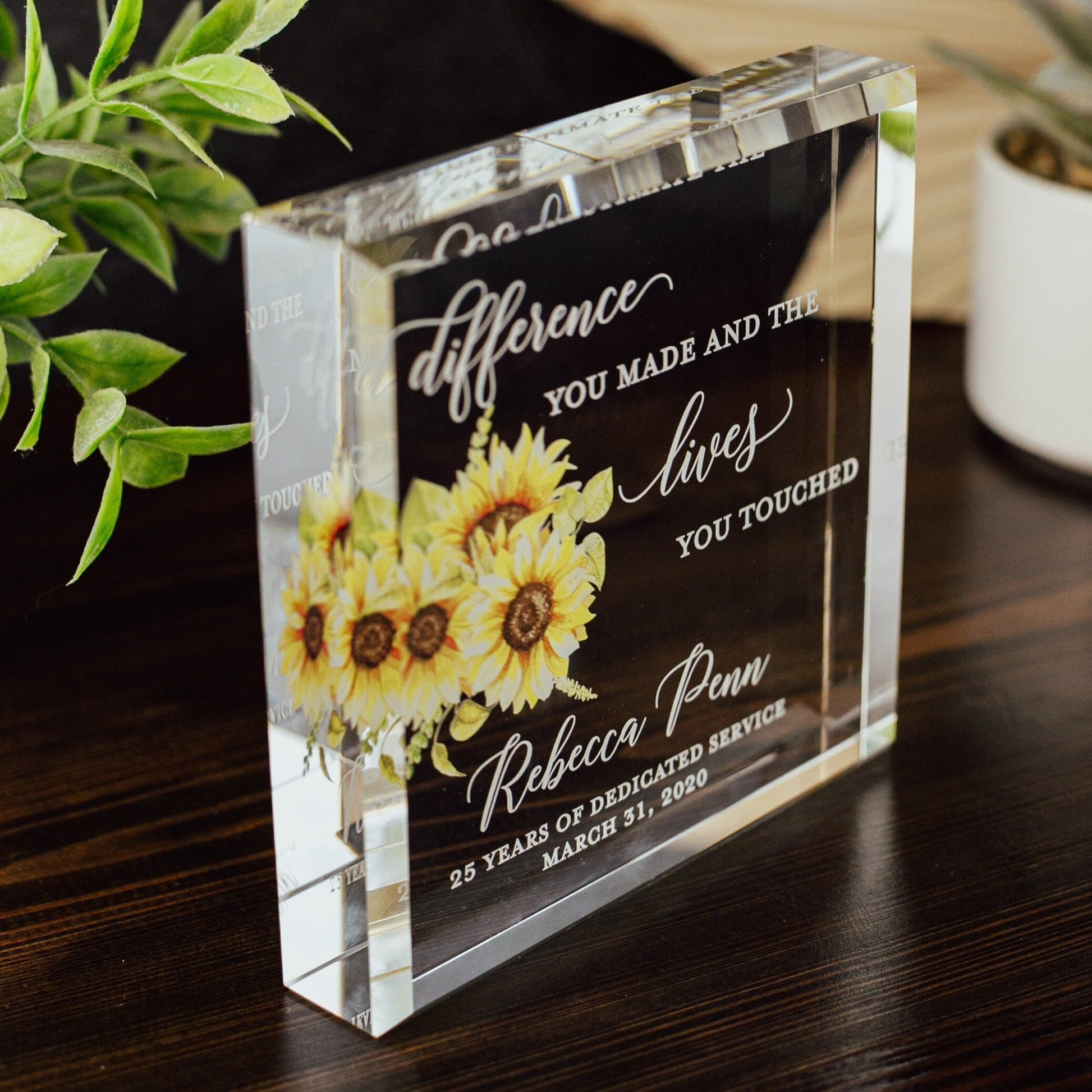 Sunflower Retirement Award Crystal Glass Plaque, Employee Recognition, Staff Present, The Difference You Made Trophy, Years Of Service Gift