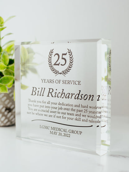 Years Of Service Appreciation Award Crystal Glass Plaque, for Employee Recognition, Top Performers, Best CEO Trophy, Retirement Gift Plaque